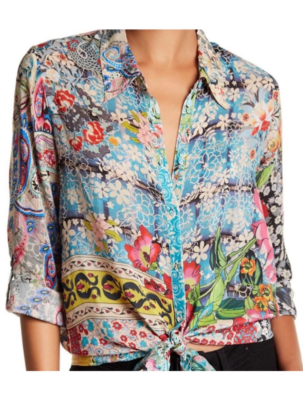 Johnny Was Milla vibrant floral patchwork button down shirt - Picture 2 of 12